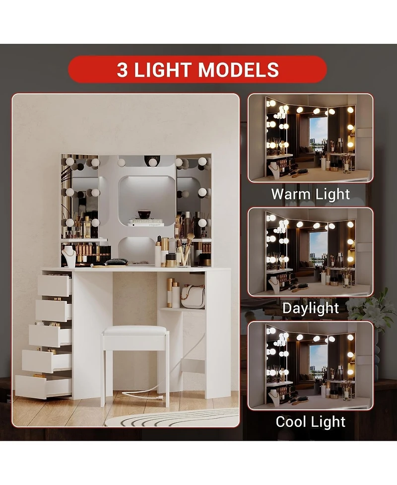 gaomon Corner Vanity and Stool - Corner Vanity Desk with Mirror and Lights