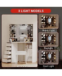 gaomon Corner Vanity and Stool - Corner Vanity Desk with Mirror and Lights