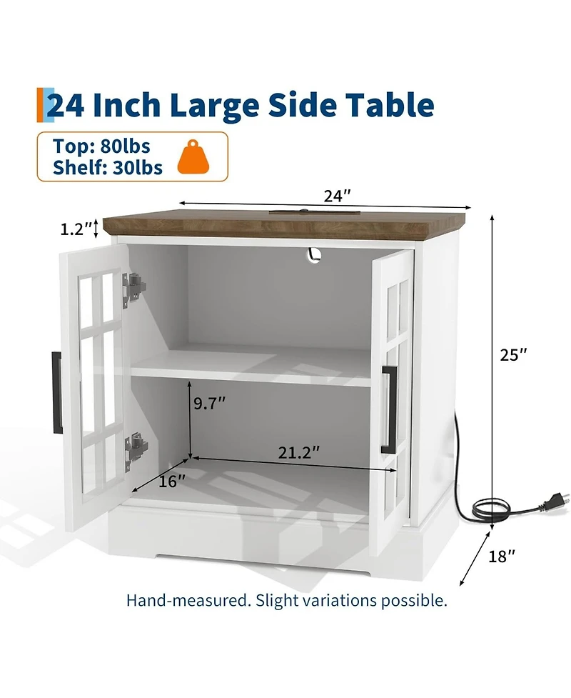 gaomon 24" Farmhouse End Table, Rustic Square Nightstand Sofa Side Table with Charging Station Adjustable Storage Shelf