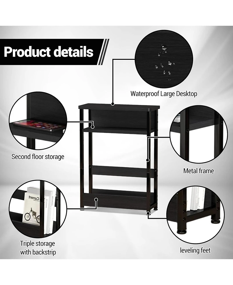 gaomon Narrow Side Table with Storage Shelf, 3-Tier Slim End Magazine Holder, Modern Sofa Thin Tables