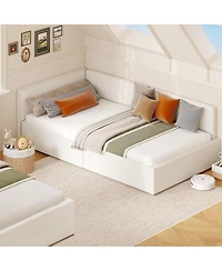 gaomon Twin Daybed with Bed Rails, Velvet Upholstered Corner Bed Frame with Headboard, Modern Kids Bed with Guardrail for Living Room, Bedroom