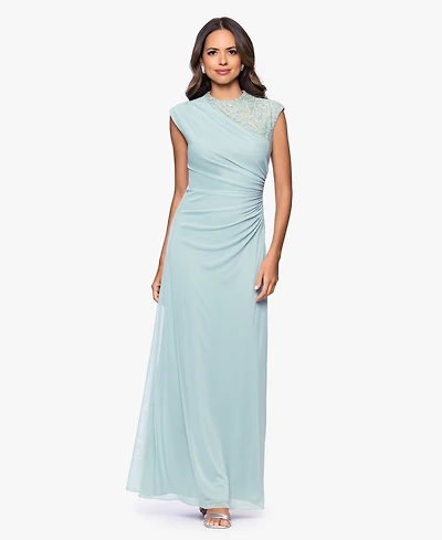 Betsy & Adam Petite Lace Trim Ruched Sleeveless Gown