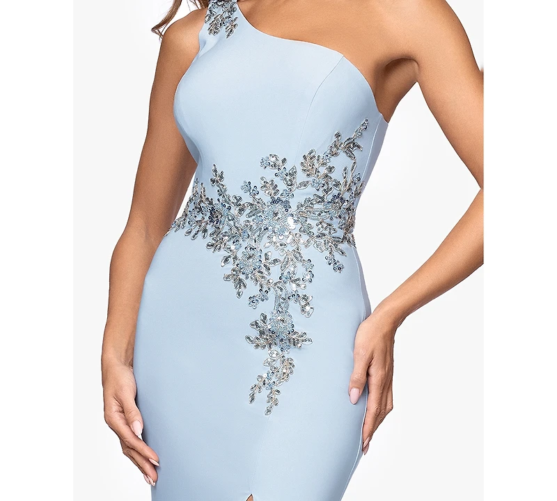 Xscape Petite One-Shoulder Applique Ball Gown
