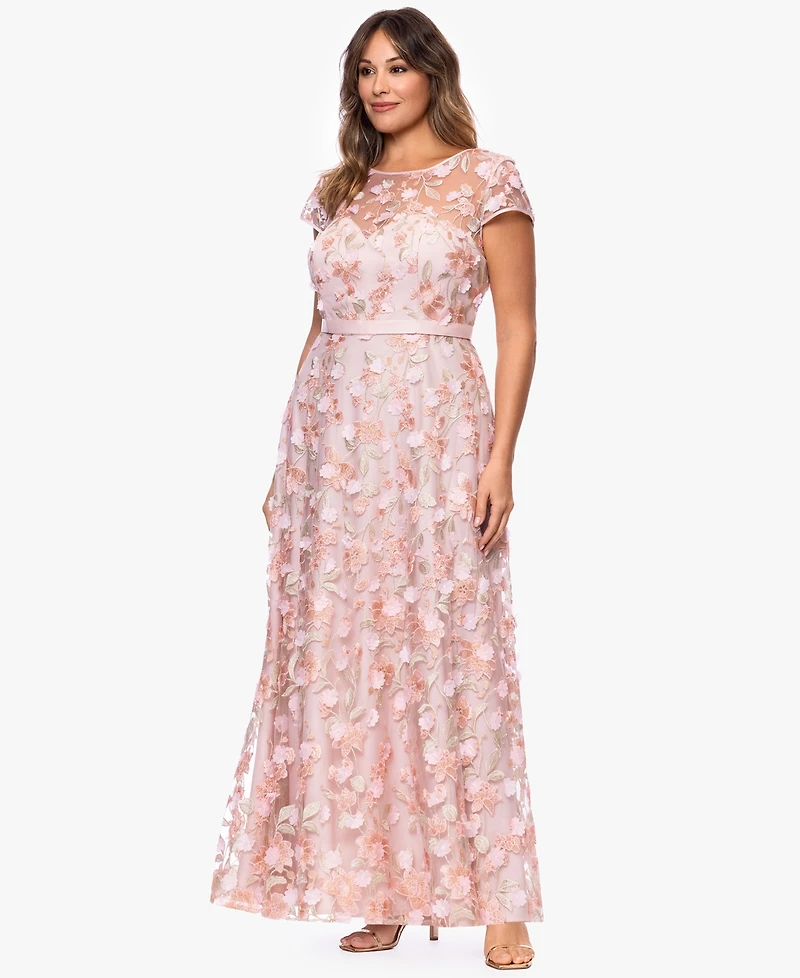 Xscape Plus-Size Short-Sleeve 3D Floral Embroidered Ball Gown
