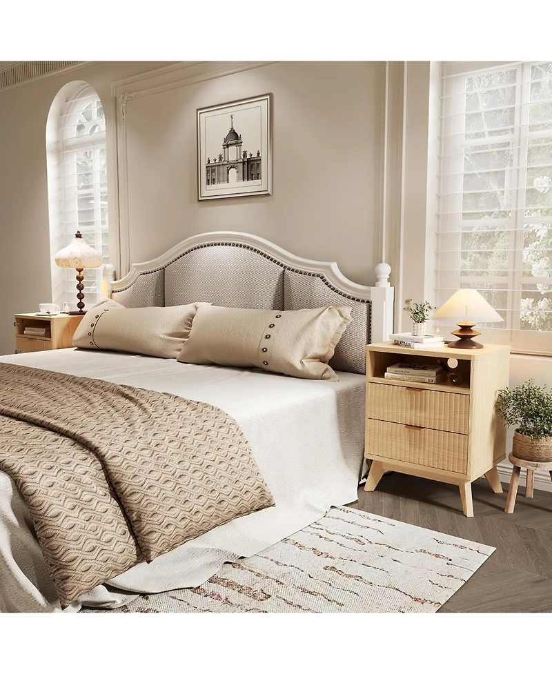 Draft - gaomon 19.7" Fluted Nightstand with Charging Station, Solid Wood Nightstands with 2 Drawers and Open Shelf