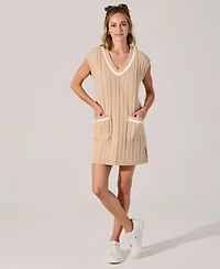 Modenaire Women's Cable Knit Sleeveless V-Neck Contrast Stripe Mini Dress
