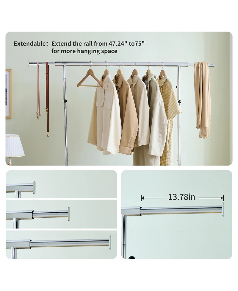 Rainsken Heavy Duty Clothing Rack, Collapsible and Portable Hanging Rack, Rolling Garment Rack with Wheels and Mesh Shelf, 600LBS Capacity for Bedroom