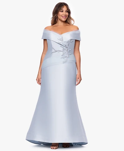 Betsy & Adam Plus Off-The-Shoulder Beaded Ball Gown