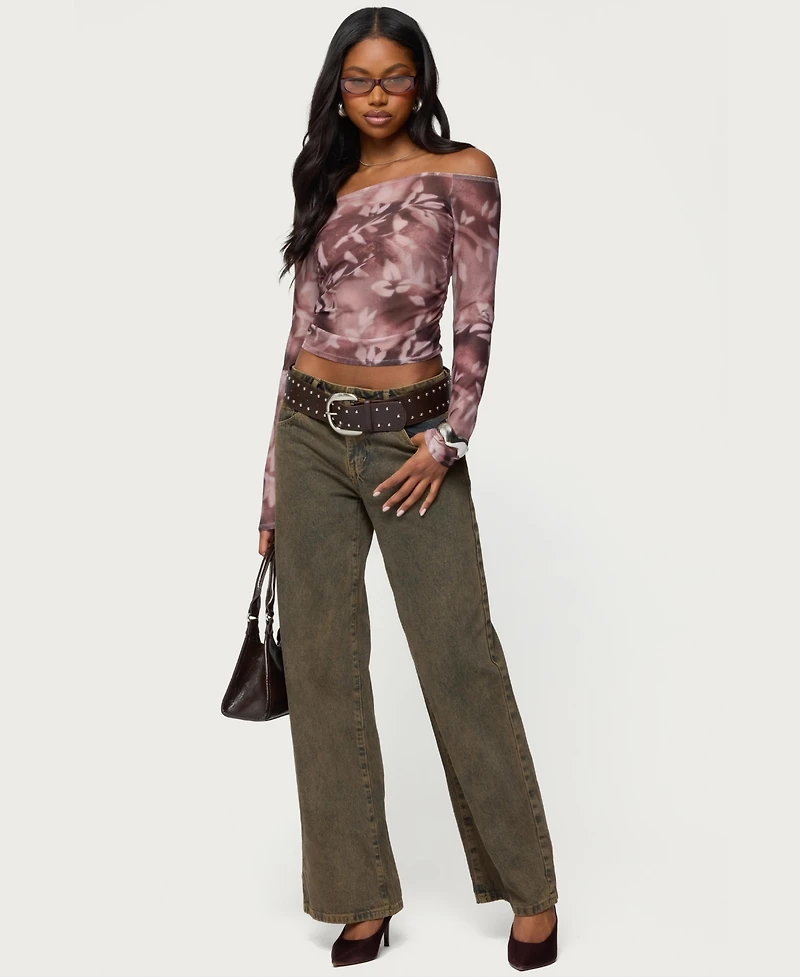 Edikted Women's Off Shoulder Printed Sheer Mesh Top