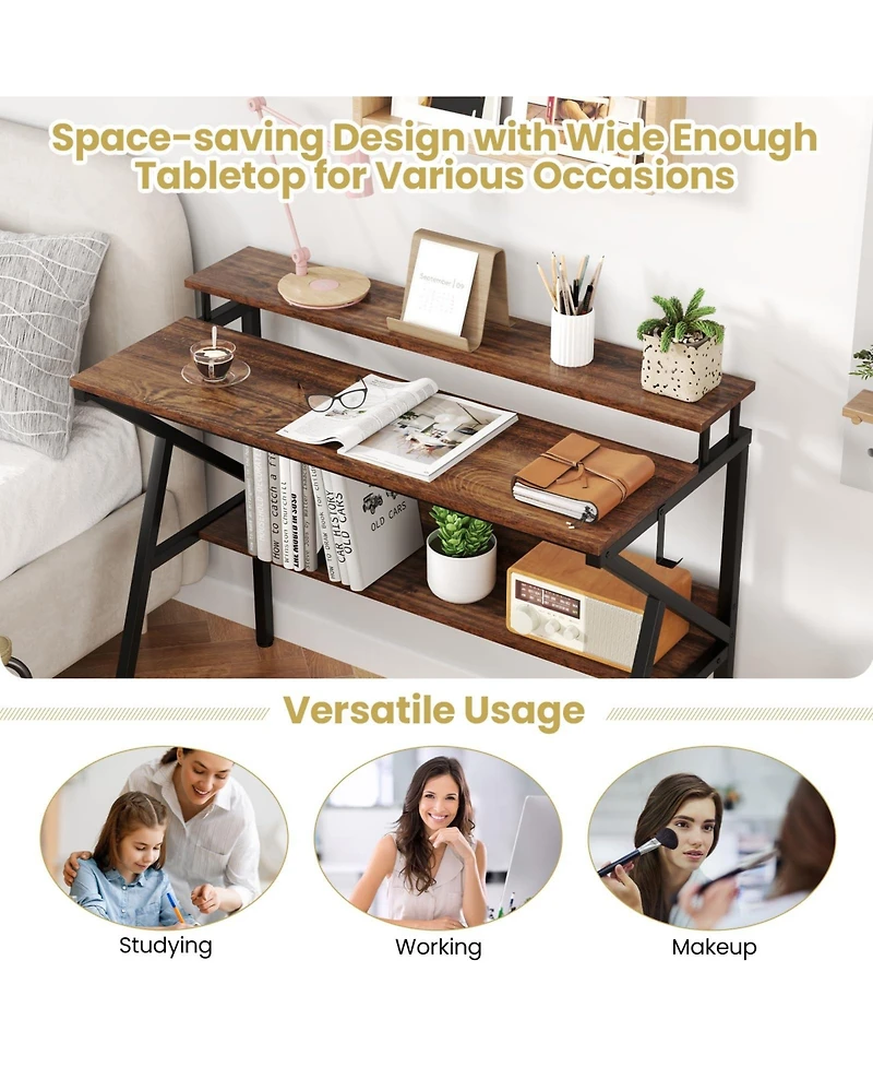 Mecale Small Space Computer Desk with Monitor Stand and Storage Shelf, Study Workstation