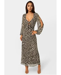 Bebe Women's Printed Chiffon Tie Front Maxi Dress