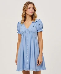 Modenaire Women's Button-Front Lace-Trim Puff-Sleeve Mini Dress