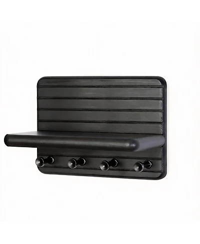 Yigii 7-Inch Pine Wood Key Rack with 4 Hooks & Shelf - Space-Saving Home Decor