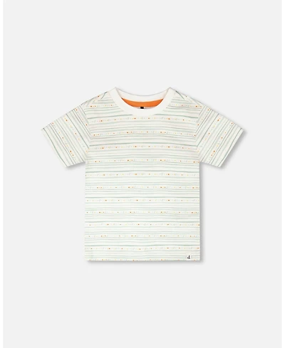 Draft - Deux par Toddler Boys Cotton T-Shirt White Printed Mint Green Lines