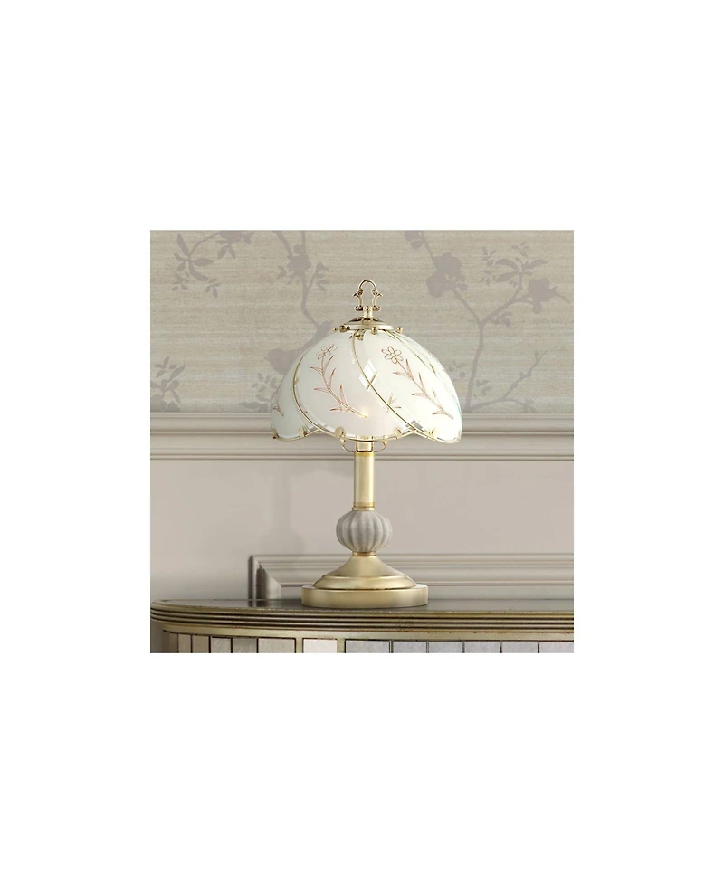 Regency Hill Traditional Accent Table Lamp 15" High Polished Brass Floral Etched Glass Shade Touch On Off for Bedroom Bedside