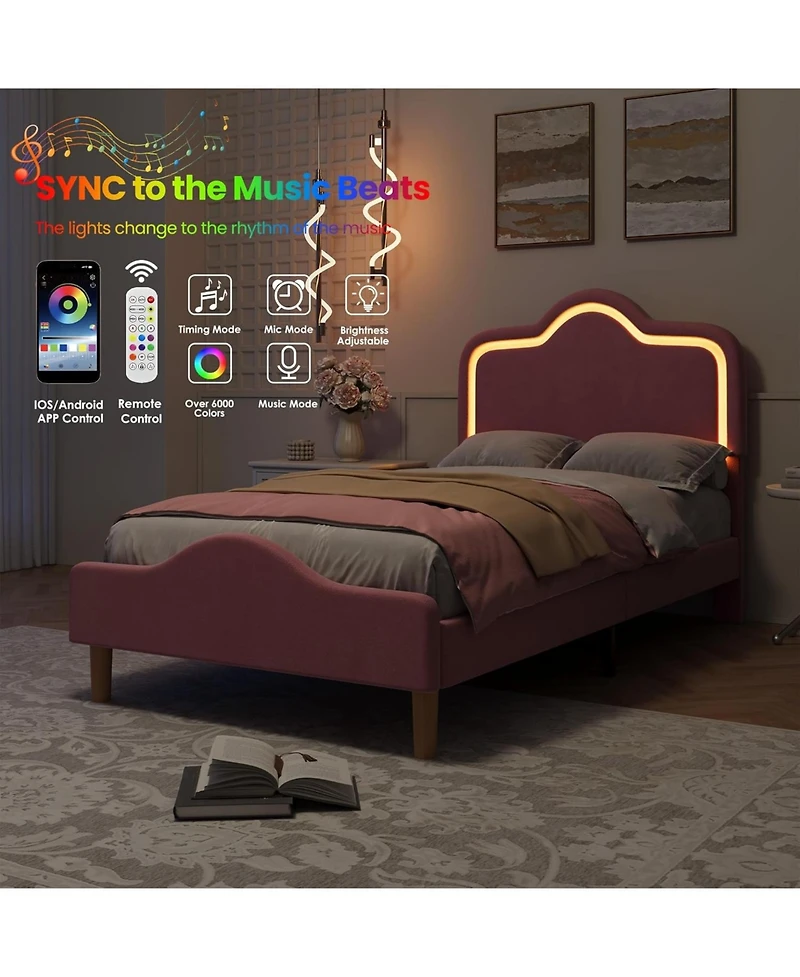 Gaomon Twin Size Bed Frame with Adjustable Led Headboard, Velvet Upholstered Princess Platform Bedframe with Footboard for Kids/Girls