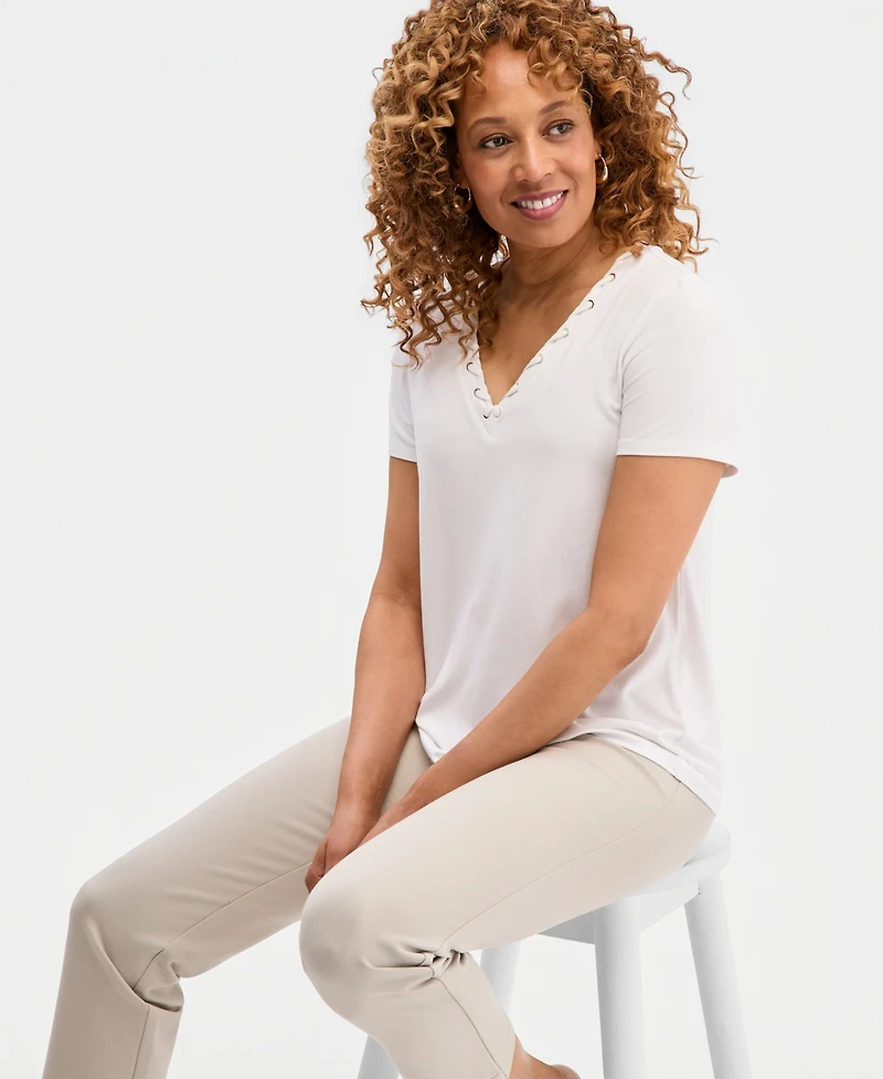 Jm Collection Women's Laced-Grommet-Trim V-Neck Top, Macy's Exclusive