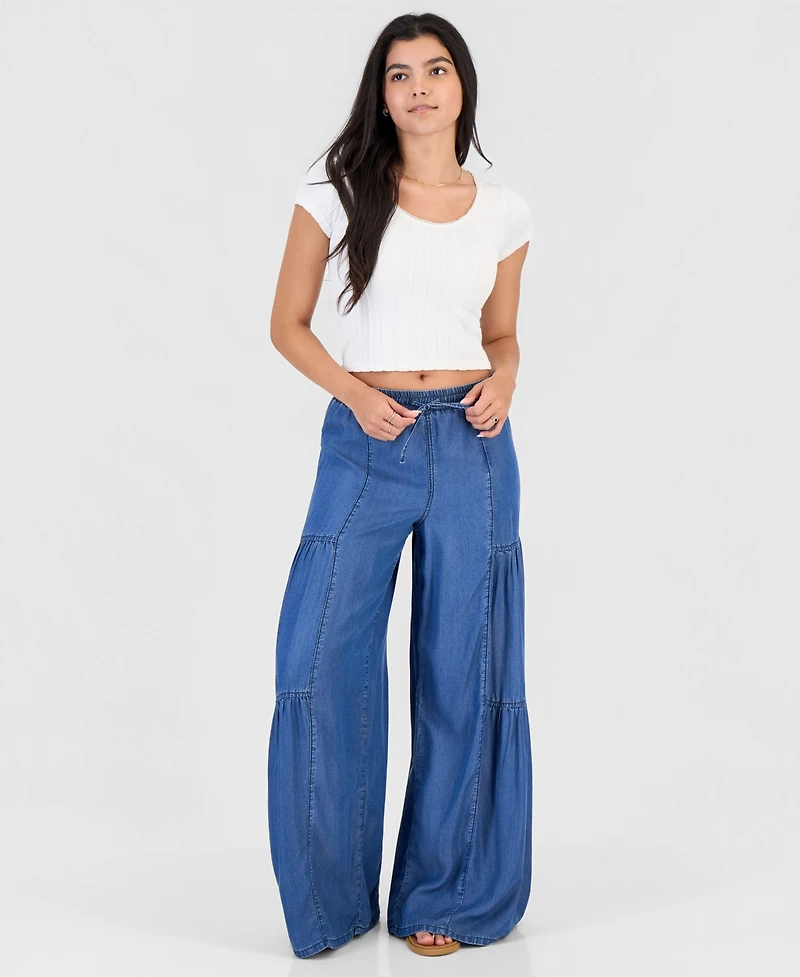 Madden Girl Juniors' Chambray Tiered-Leg Drawstring Pants