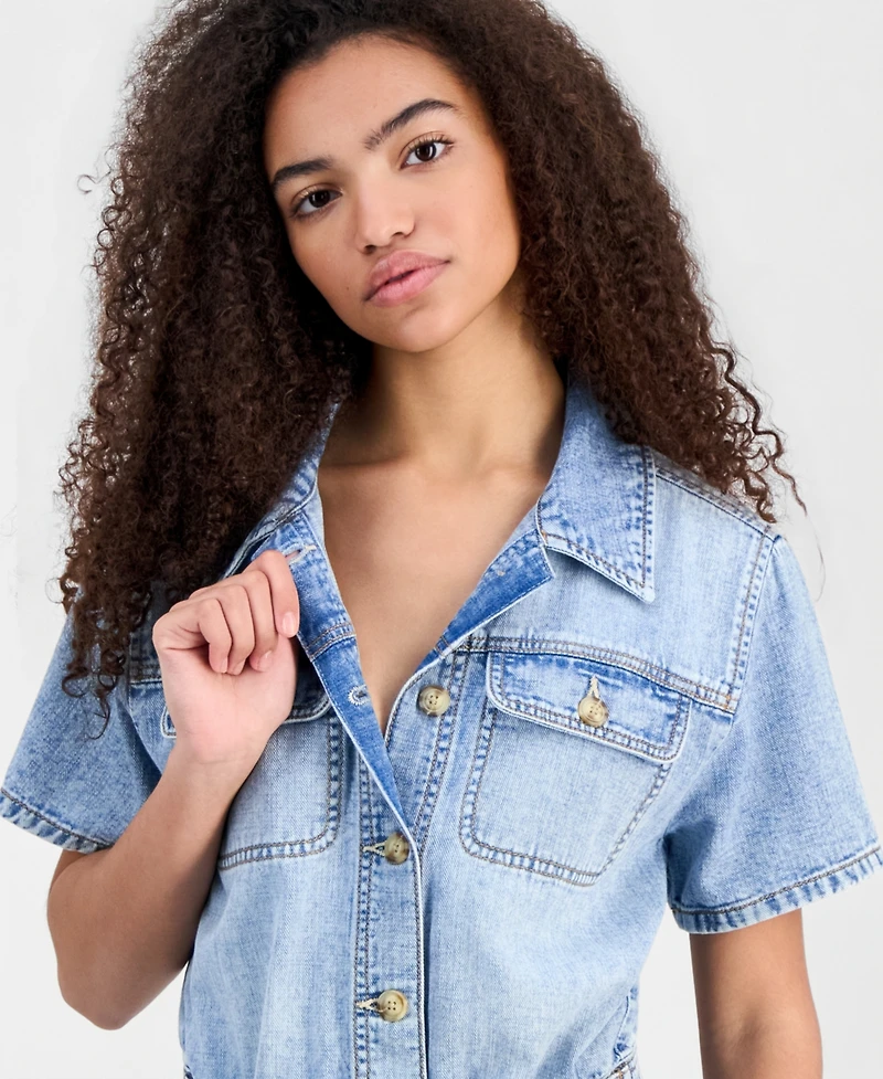 Celebrity Pink Juniors' Denim Short-Sleeve Romper
