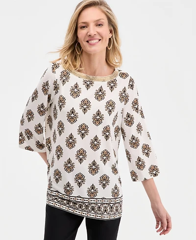 Jm Collection Women's Embellished 3/4-Sleeve Crepe Top, Macy's Exclusive