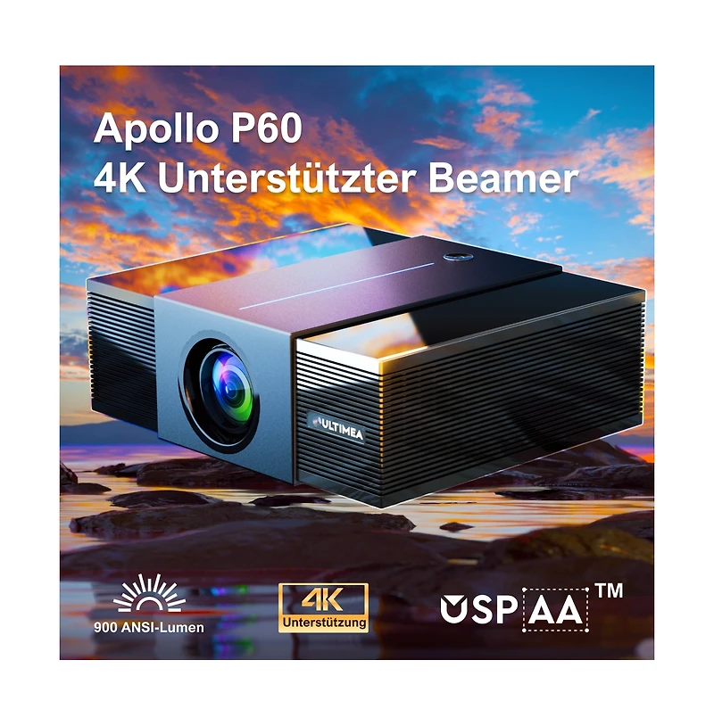 Ultimea Projector 4K Decoding 900 Ansi Lumens, 6D Keystone, Full Hd Native 1080P Projector Home Cinema, WiFi and Bluetooth 5.3 Proyector, Apollo P60