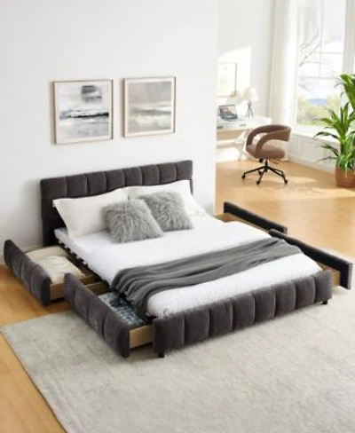 Dyhome Queen Upholstered Bed Frame With Headboard Storage Drawer Chenille Fabric Queen Size Platform Bed With Solid Frame No Box Spring Needed