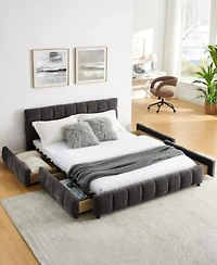 Dyhome Queen Upholstered Bed Frame With Headboard Storage Drawer Chenille Fabric Queen Size Platform Bed With Solid Frame No Box Spring Needed