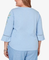 Alfred Dunner Plus Caribbean Blues Floral Embroidered Split Neck Top