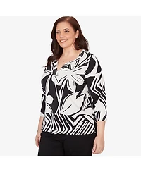 Alfred Dunner Plus Crowd Pleaser Dramatic Abstract Floral Split Neck Top