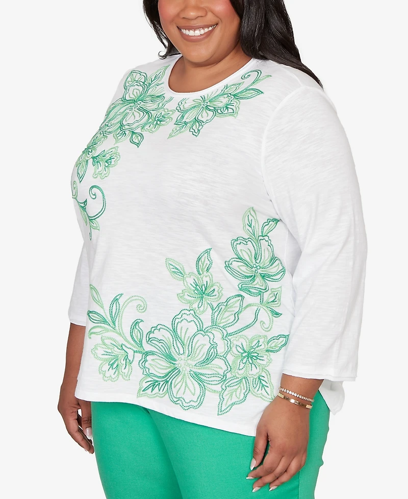 Alfred Dunner Plus Resort Living Tropical Flower Embroidered Top