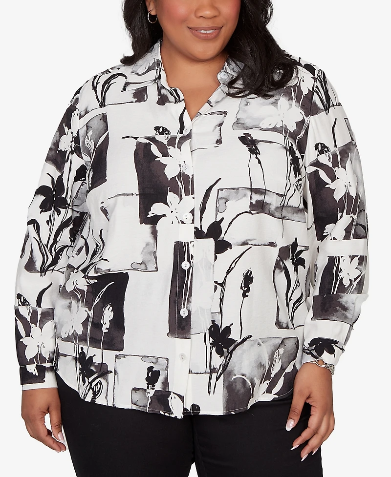 Alfred Dunner Plus Crowd Pleaser Floral Patchwork Button Front Top
