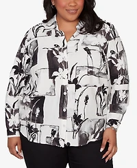Alfred Dunner Plus Crowd Pleaser Floral Patchwork Button Front Top