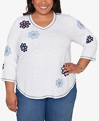 Alfred Dunner Plus Port Side Embellished Floral Button Top