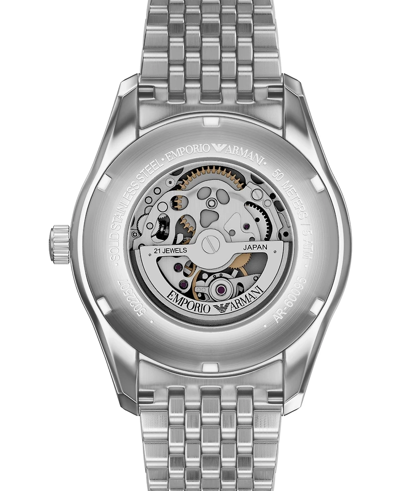 Emporio Armani Men's Automatic Three-Hand Silver Stainless Steel Watch, 43mm