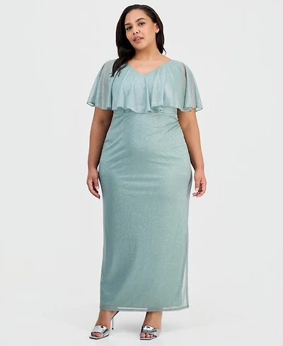 Connected Plus Cape-Overlay V-Neck Glitter Dress