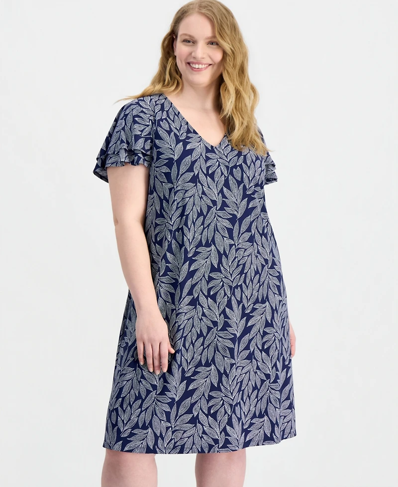 Anne Klein Essentials Plus V-Neck Flutter-Sleeve Dress