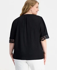 Anne Klein Plus Split-Neck Lace-Trim Elbow-Sleeve Top