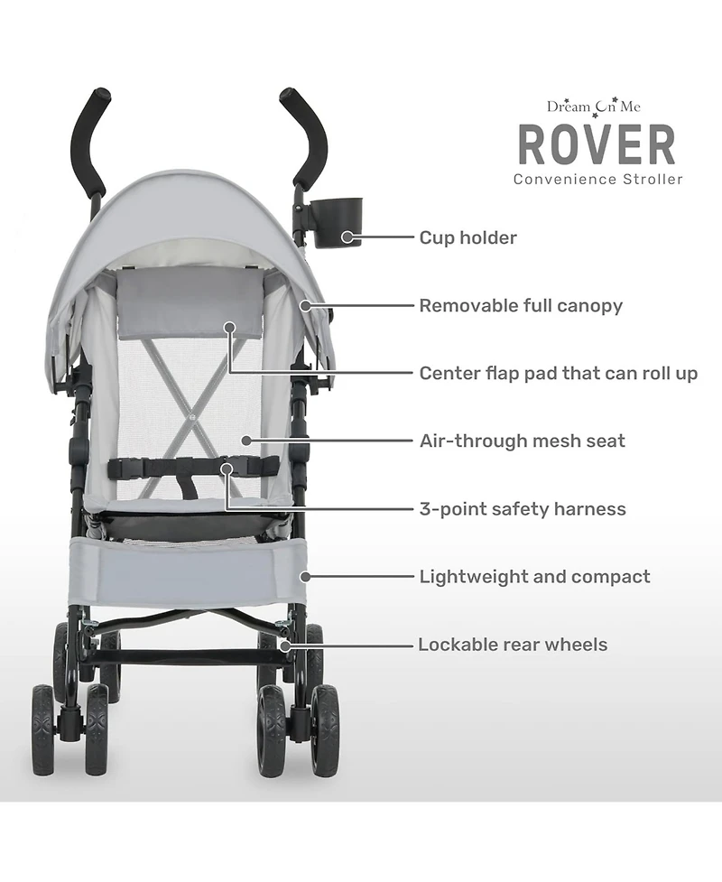 Dream On Me Toddler Rover Stroller: Lightweight, compact travel umbrella stroller. One-hand fold, lockable rear wheels, adjustable canopy, & 3-point h