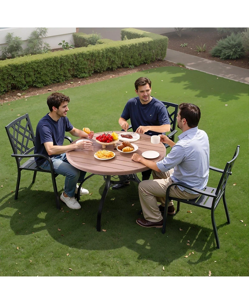 Mecale Round Outdoor Patio Dining Table with Wood-Like Steel Slats and 1.5" Umbrella Hole