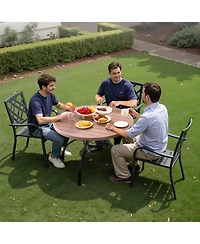 Mecale Round Outdoor Patio Dining Table with Wood-Like Steel Slats and 1.5" Umbrella Hole