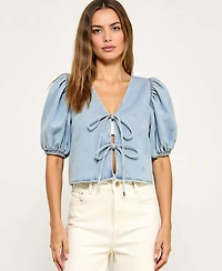 Modenaire Women's Embroidered Puff Sleeve V-Neck Tie-Front Top