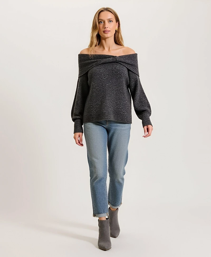 Modenaire Women's Off-Shoulder Metallic Knit Sweater Top