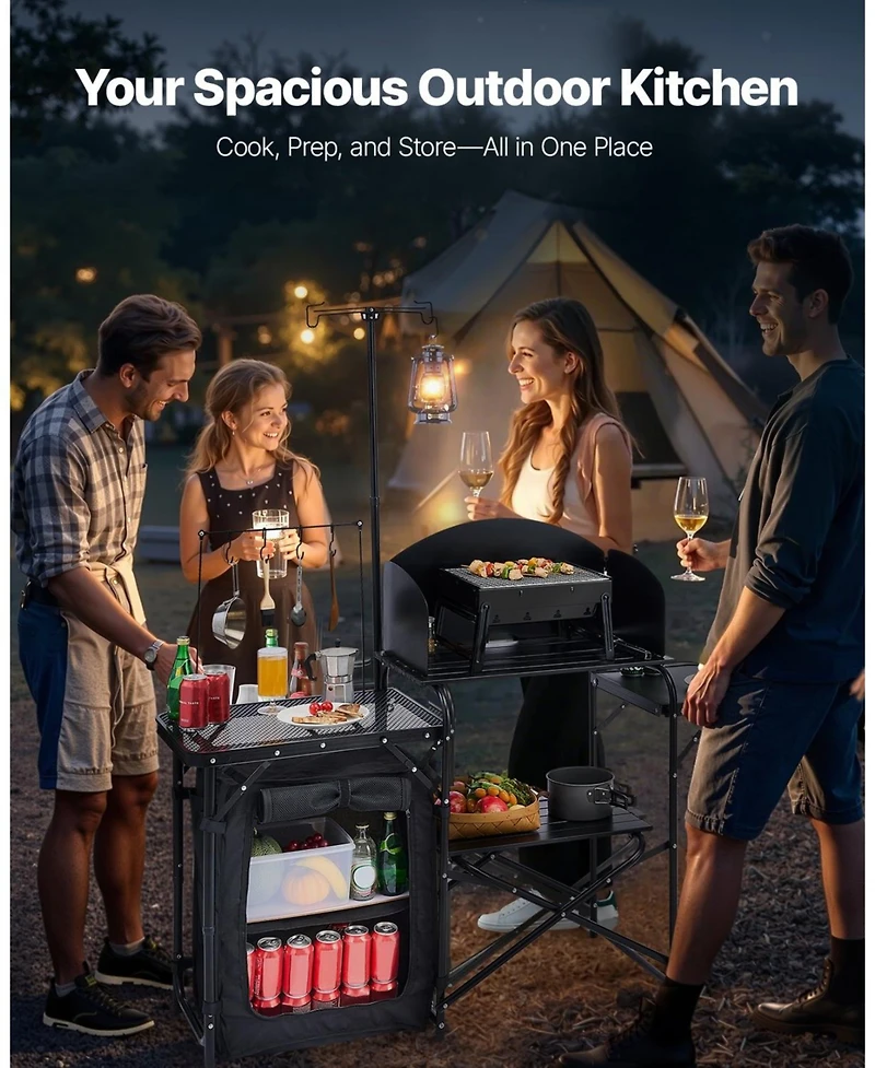 Mecale Camping Kitchen Table, Aluminum Portable Cook Station with Storage Cupboard, Detachable Windscreen, Carrying Bag, Quick Setup