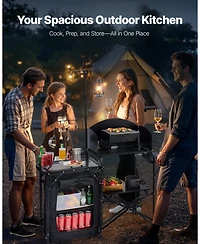 Mecale Camping Kitchen Table, Aluminum Portable Cook Station with Storage Cupboard, Detachable Windscreen, Carrying Bag, Quick Setup