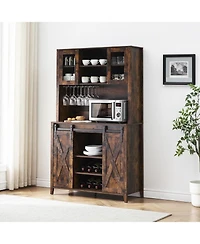 gaomon Rustic 70 Inch Tall Farmhouse Coffee Bar Cabinet with Sliding Barn Doors Ample Storage Shelves Wine Racks and Glass Holder