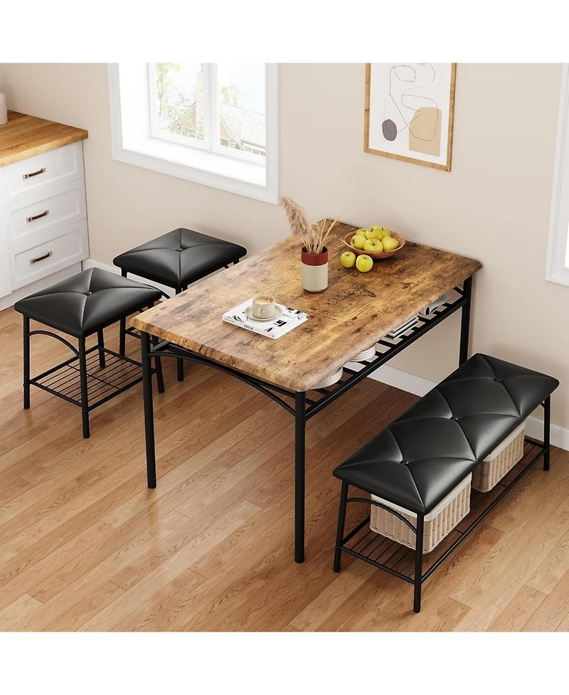 gaomon Dining Table Set for 4 with Benche/Stools Kitchen Table Set with Storage Shelves Dining Table Set with Pu Cusion Dining Room Furniture