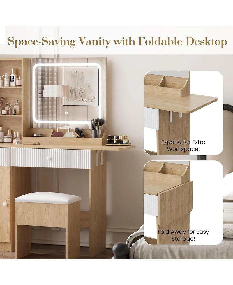gaomon Makeup Vanity with Lighted Mirror - Vanity Desk with Power Strip/Adjustable Lighting/Drawers and Cushioned Stool