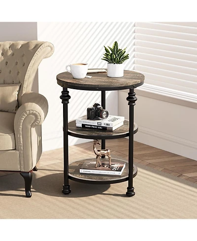 gaomon Round Side Table, Small End Table with 3 Shelves for Living Room, Bedroom, Night Stand Accent Coffee Table with Steel Frame for Small Spaces
