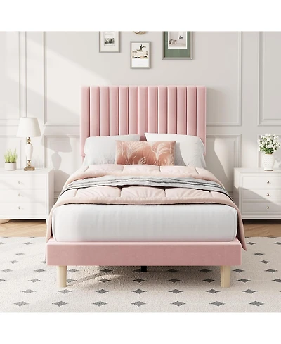 gaomon Twin Size Velvet Platform Bed Frame with Vertical Channel Tufted Adjustable Headboard, Wooden Slats Support, No Box Spring