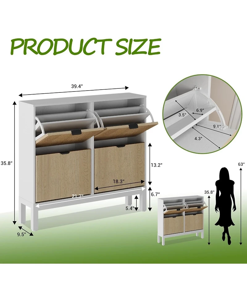 gaomon Farmhouse Shoe Cabinet with 4 Flip Drawers – Freestanding Fluted Shoe Organizer with Metal Legs, Slim Hidden Shoe Rack